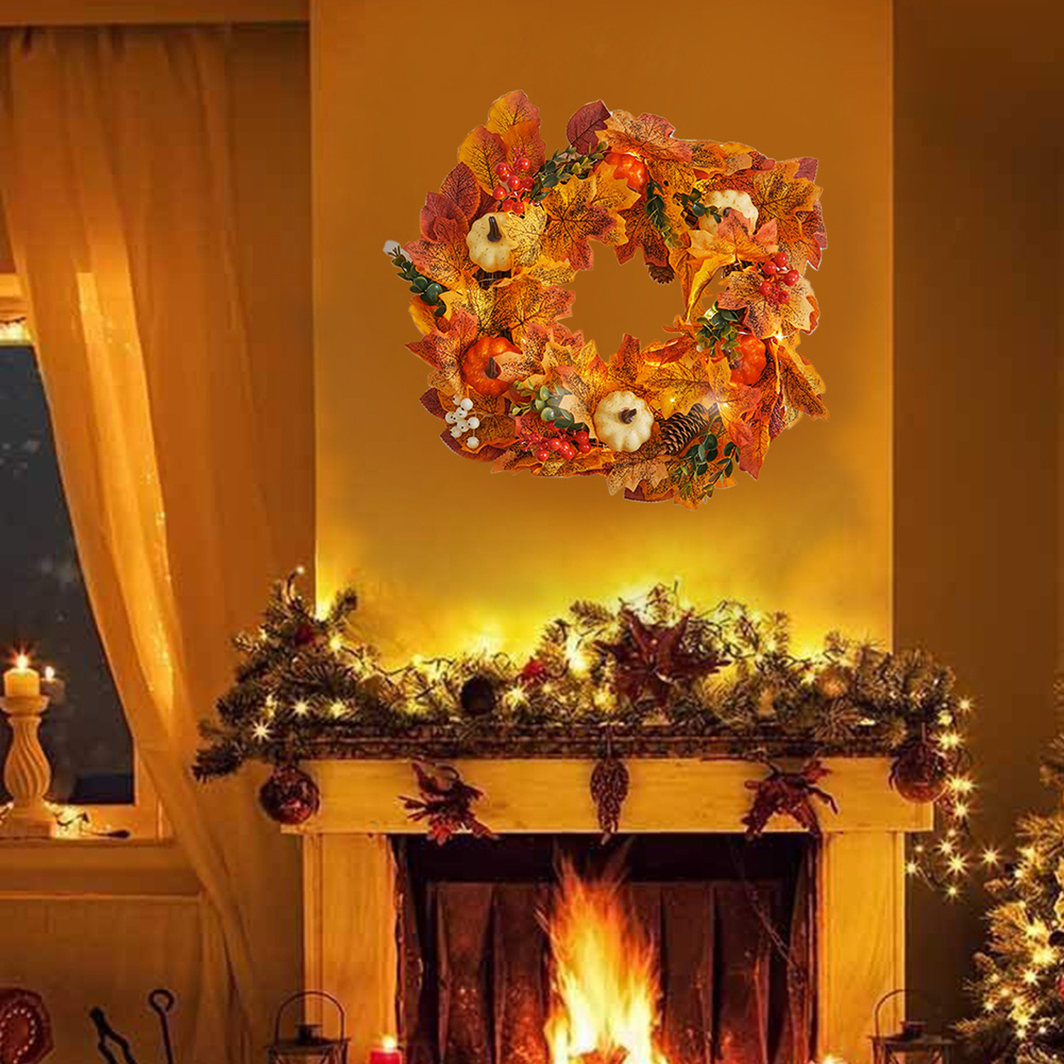 Autumn Front Door Wreath with White Orange Pumpkins
