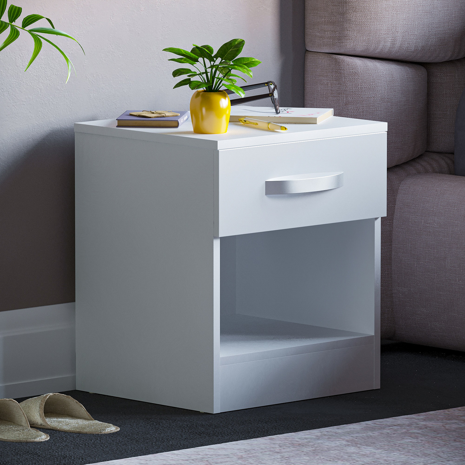 Hulio 1 Drawer High Gloss Bedside Table Chest Nightstand - White