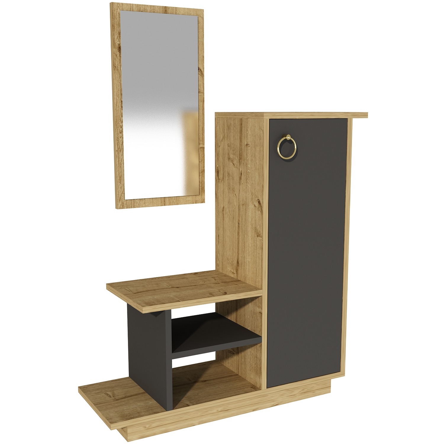 Console Table Dresuar With Cabinet Shelves And Mirror Albero - Anthracite - Sapphire Oak