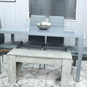 Grey Glass Table With 4 Grey Faux Leather Chairs And 1 Bench