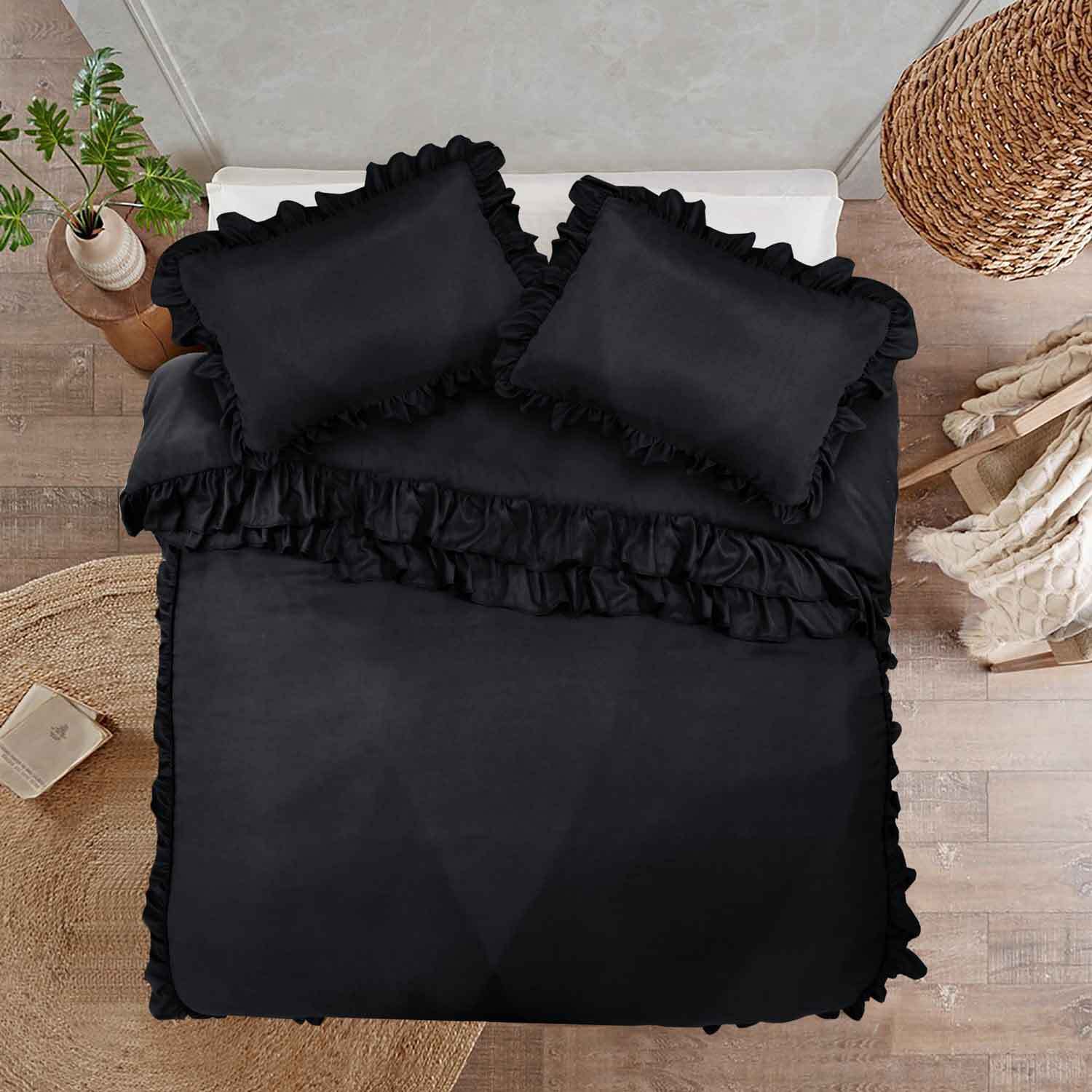 Ruffled Borders Duvet Cover Set - Black King