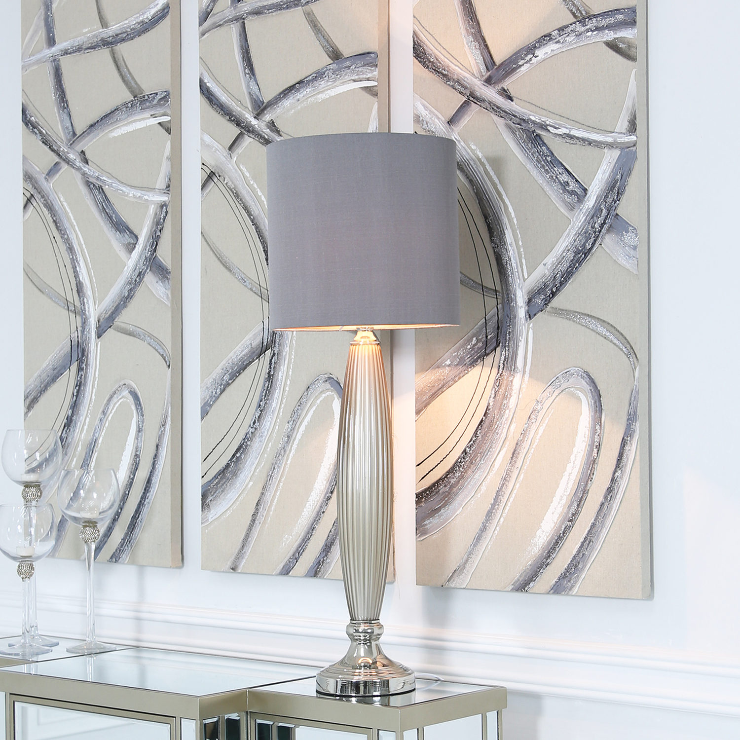 Vanity Living - Taupe Pearl Glass Table Lamp With Grey Shade - Taupe and Grey thumbnail