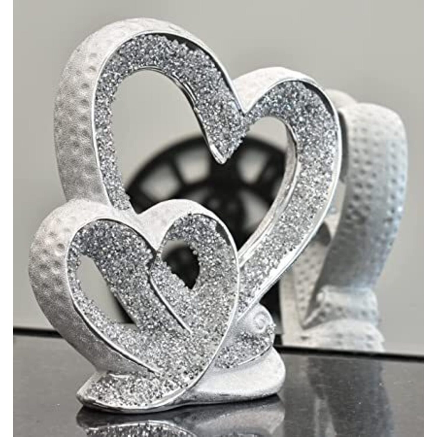 Crushed Diamond Double Heart Ornament White - Silver