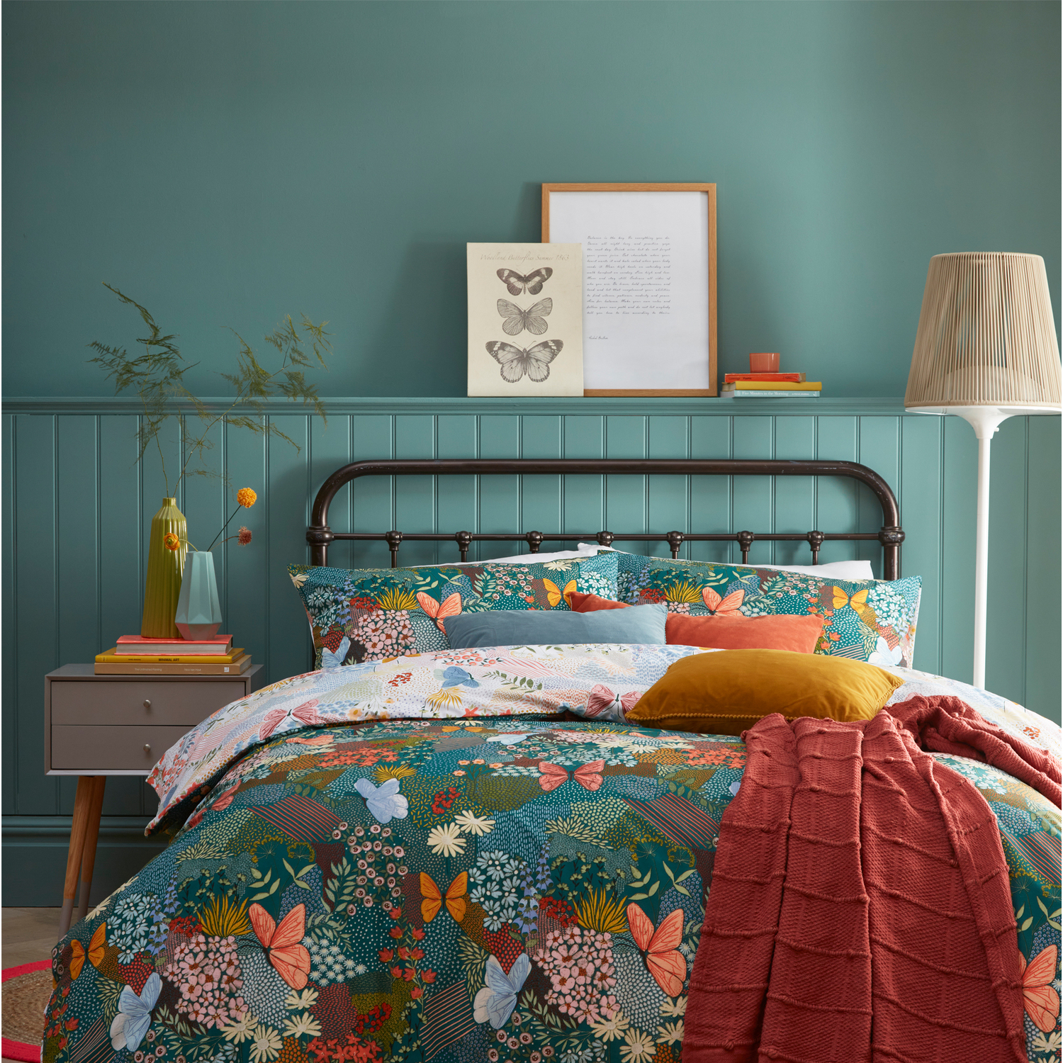 Reversible Butterflies Duvet Cover Set - Teal Double