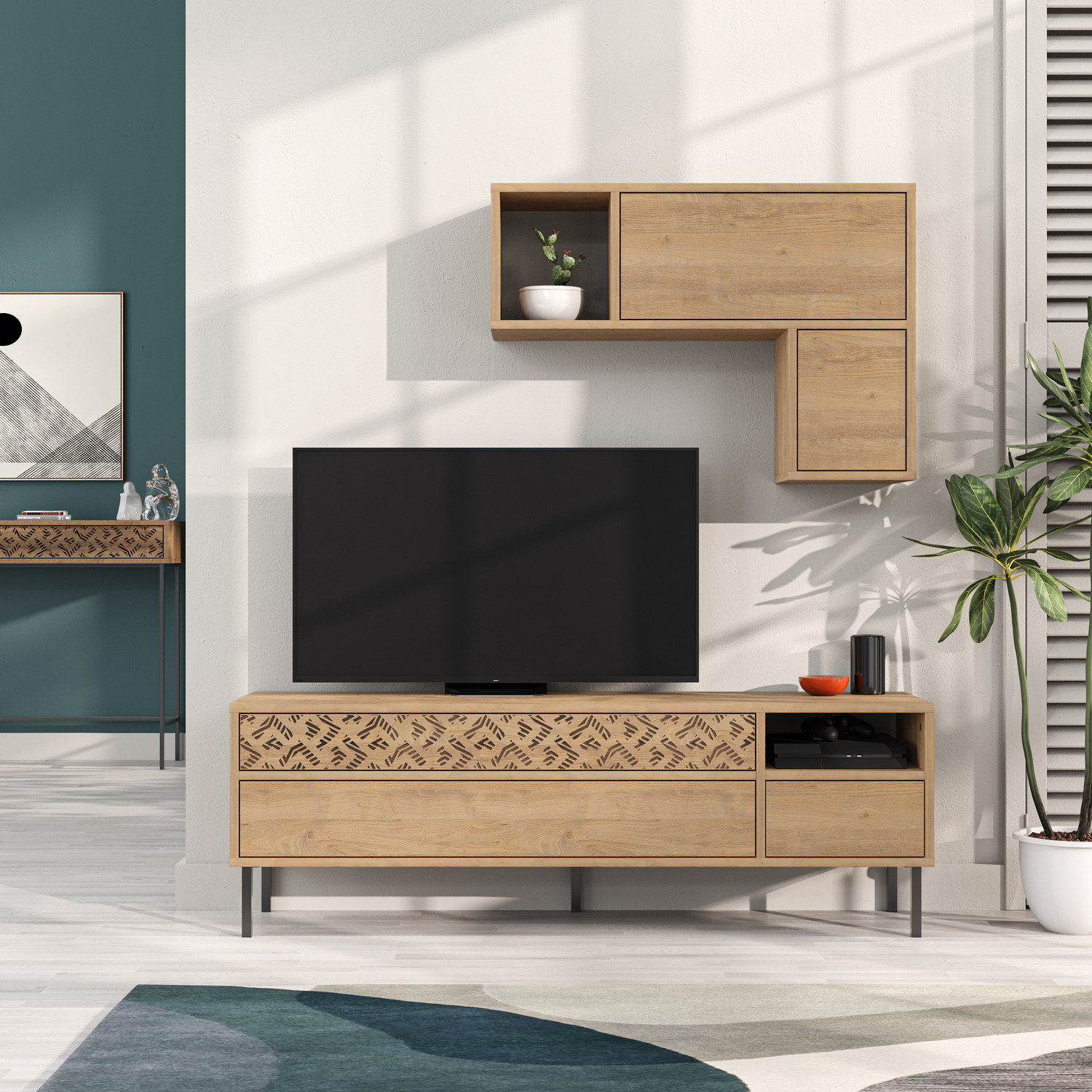 Decortie - Heaton Modern Tv Unit With Storage And Wall Shelf 144.6cm - Oak thumbnail