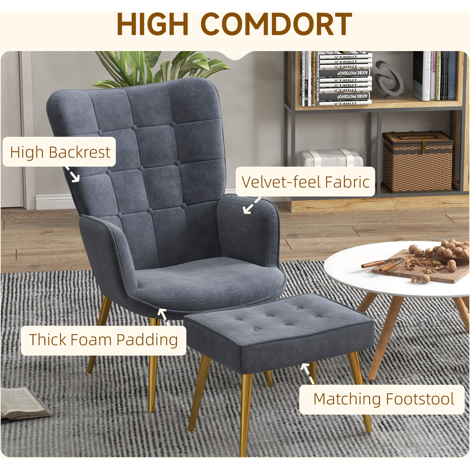 Homcom Button Tufted Armchair Ottoman - Dark Grey