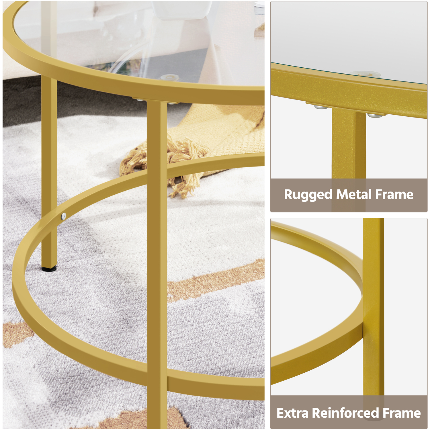 Tempered Glass Round Coffee Table - Mustard Gold
