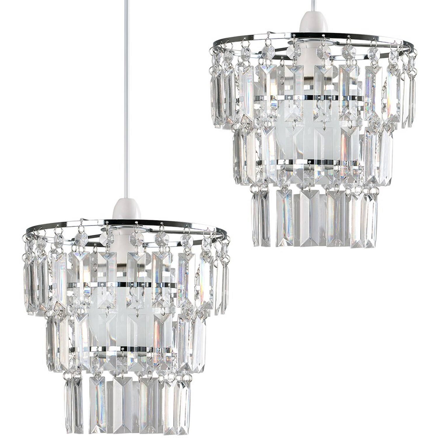 Pair Of Modern 3 Tier Clear Jewel Effect Droplets Ceiling Pendant Light Shades - Silver