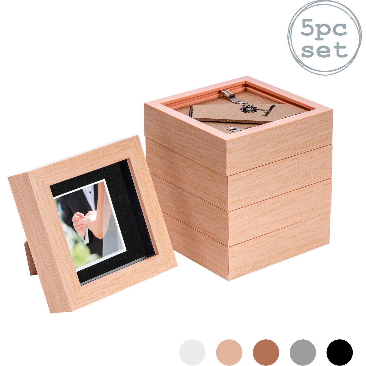 3D Box Photo Frame - 4 x 4" with 2 x 2" Mount - Pack of 5 - Light Wood/Black / 25cm