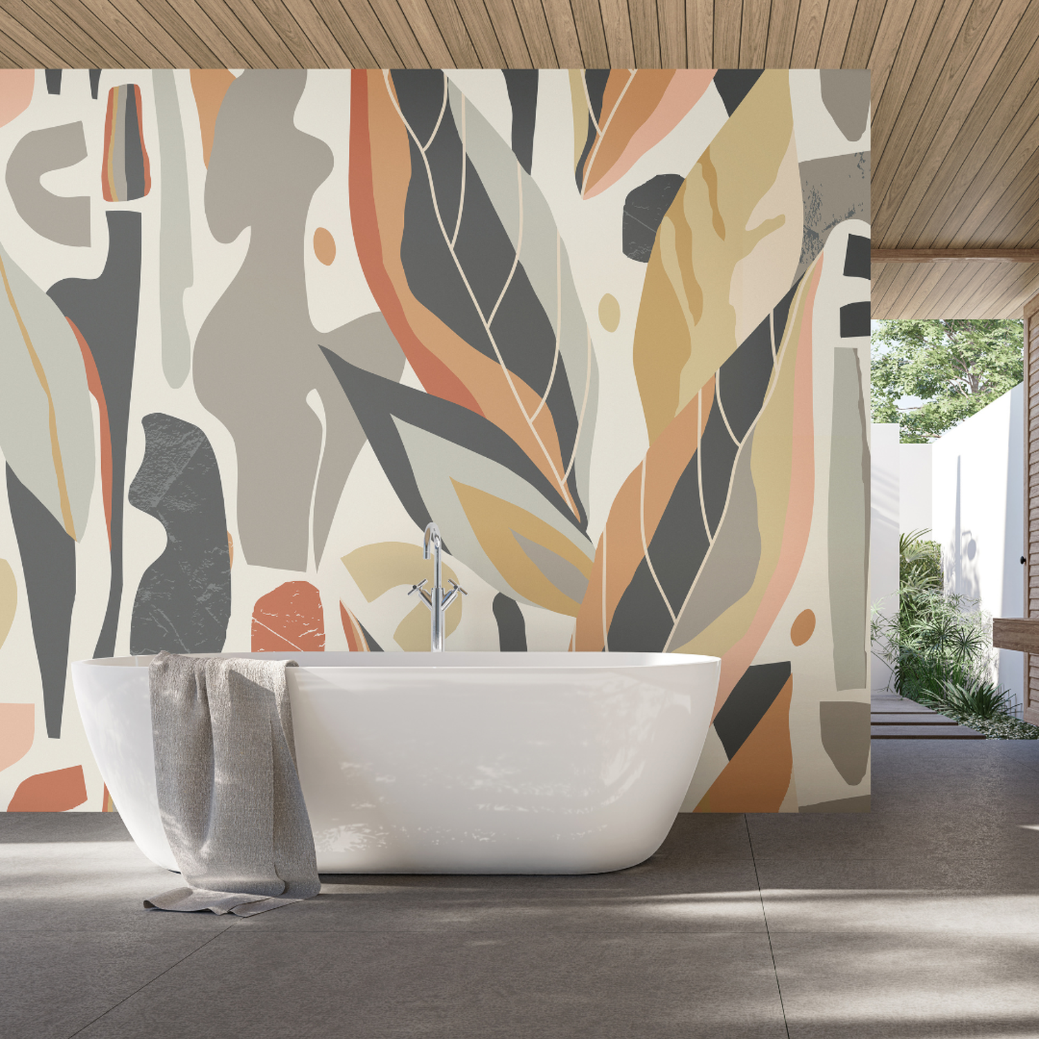 Abstract Leaf Shapes Wall Mural - Grey / Large