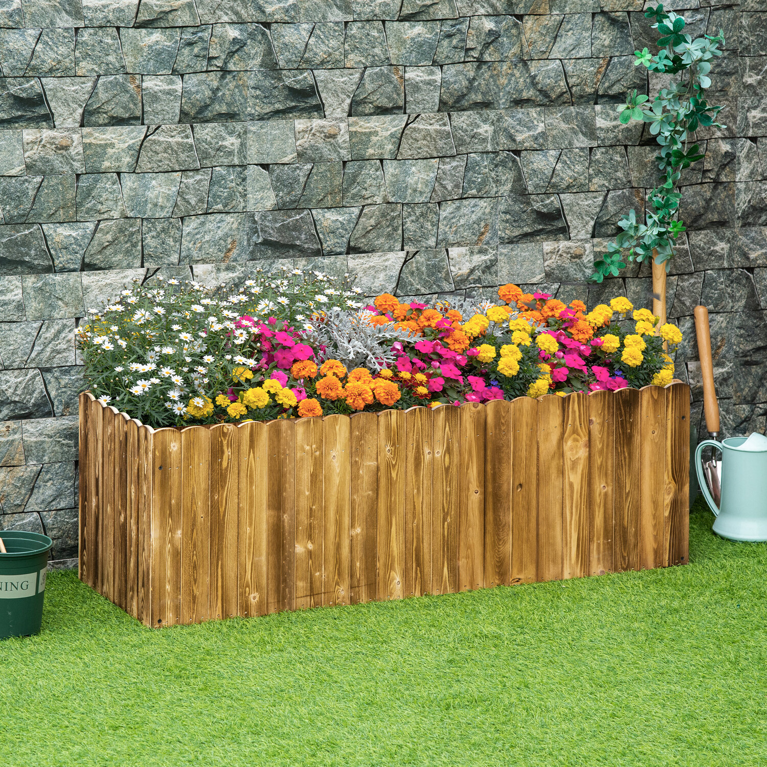 Outsunny Raised Flower Bed Wooden Planter - Natural wood colour / 120cm