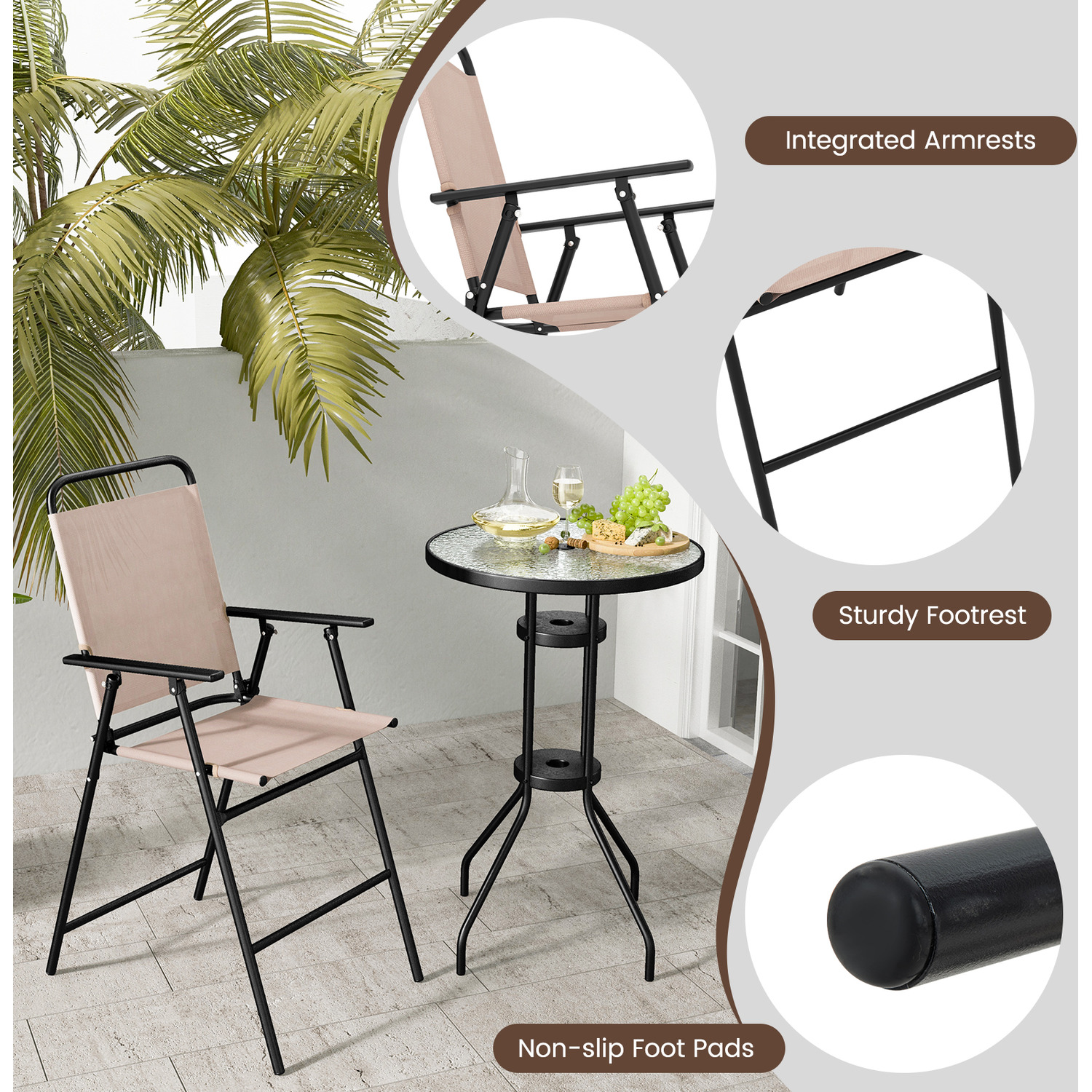 Patio Bar Table with 2 Folding Chairs