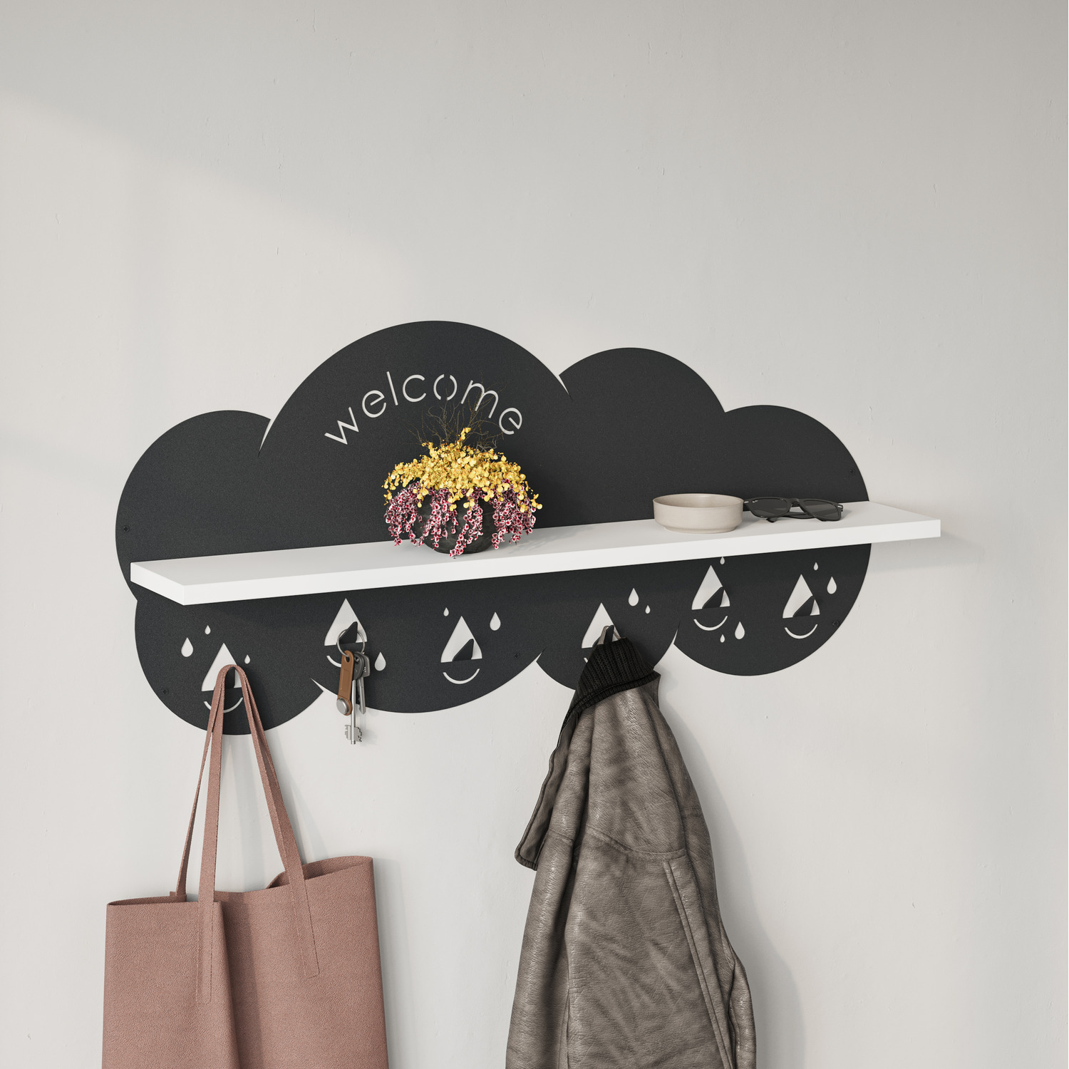 Decortie Cloudy Modern Wall Mounted Shelf 6 Hooks - White
