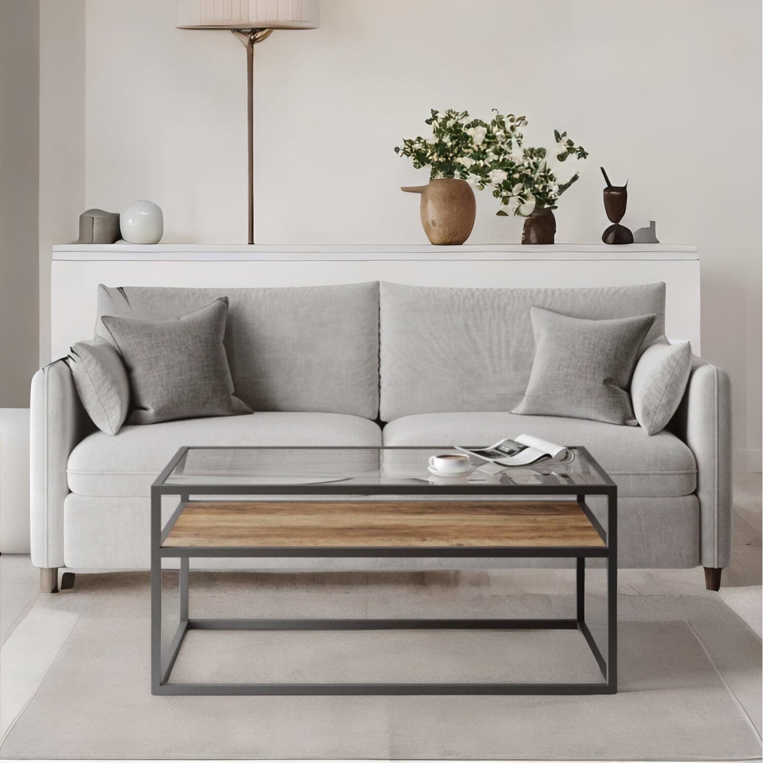 Glass Top Coffee Table With Steel Frame - Rustic Rustic