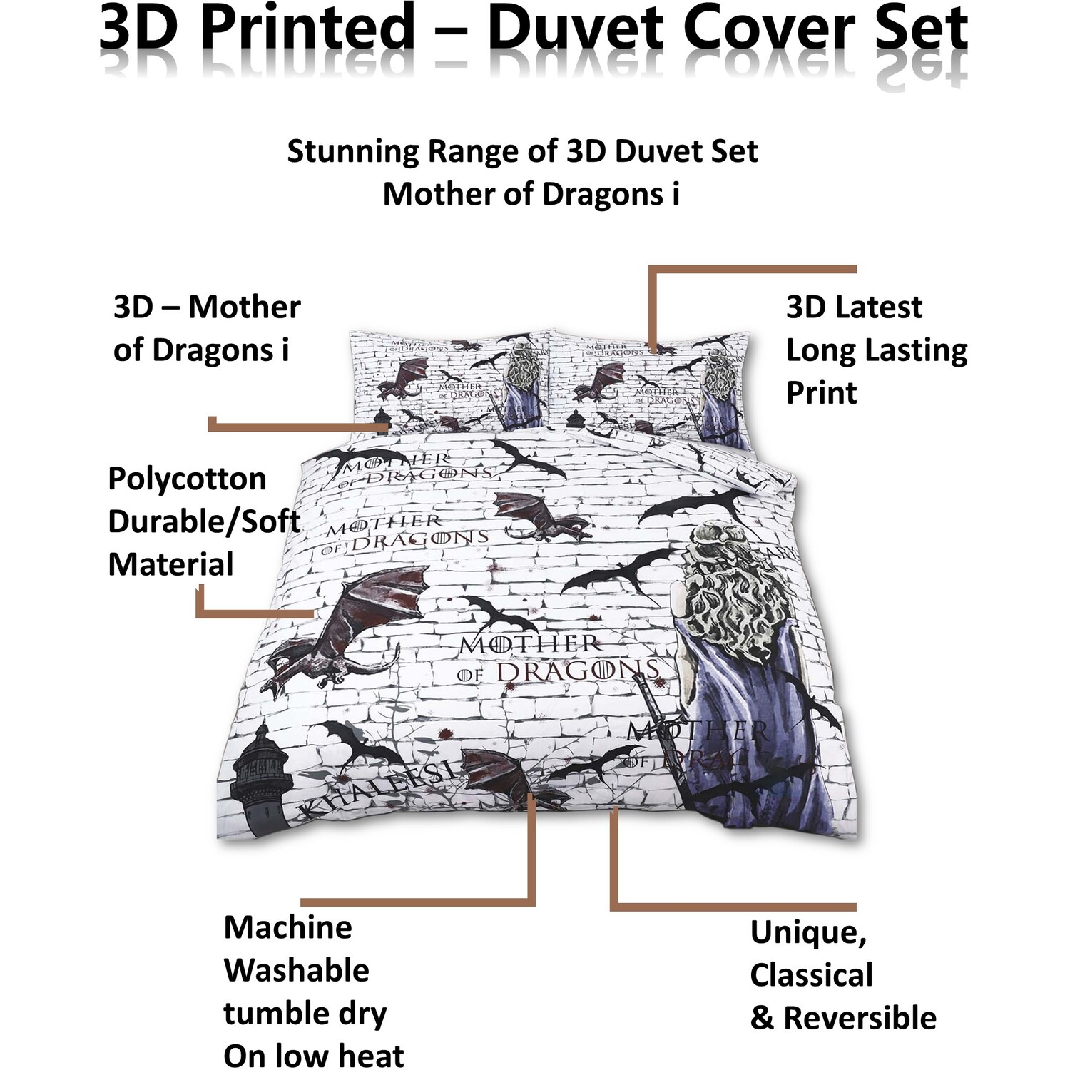 Animal 3d Panel Printed Premium Polycotton Duvet Cover Set - Grey Double Game Of Thrones