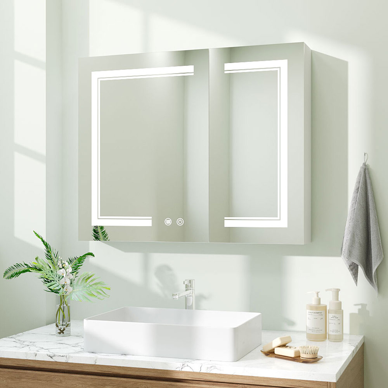Dimmable Led Double-door Demister Mirror Cabinet With Socket - White