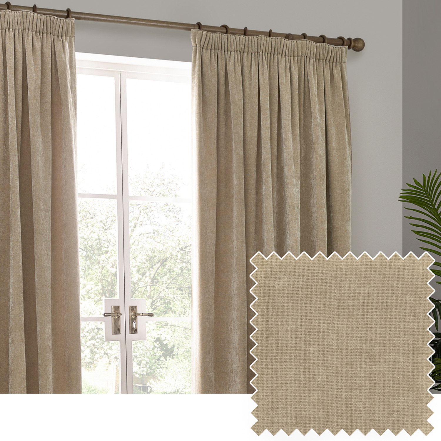 Heavy Chenille Velvet Pencil Pleat Curtains - Natural / 229cm / 168cm