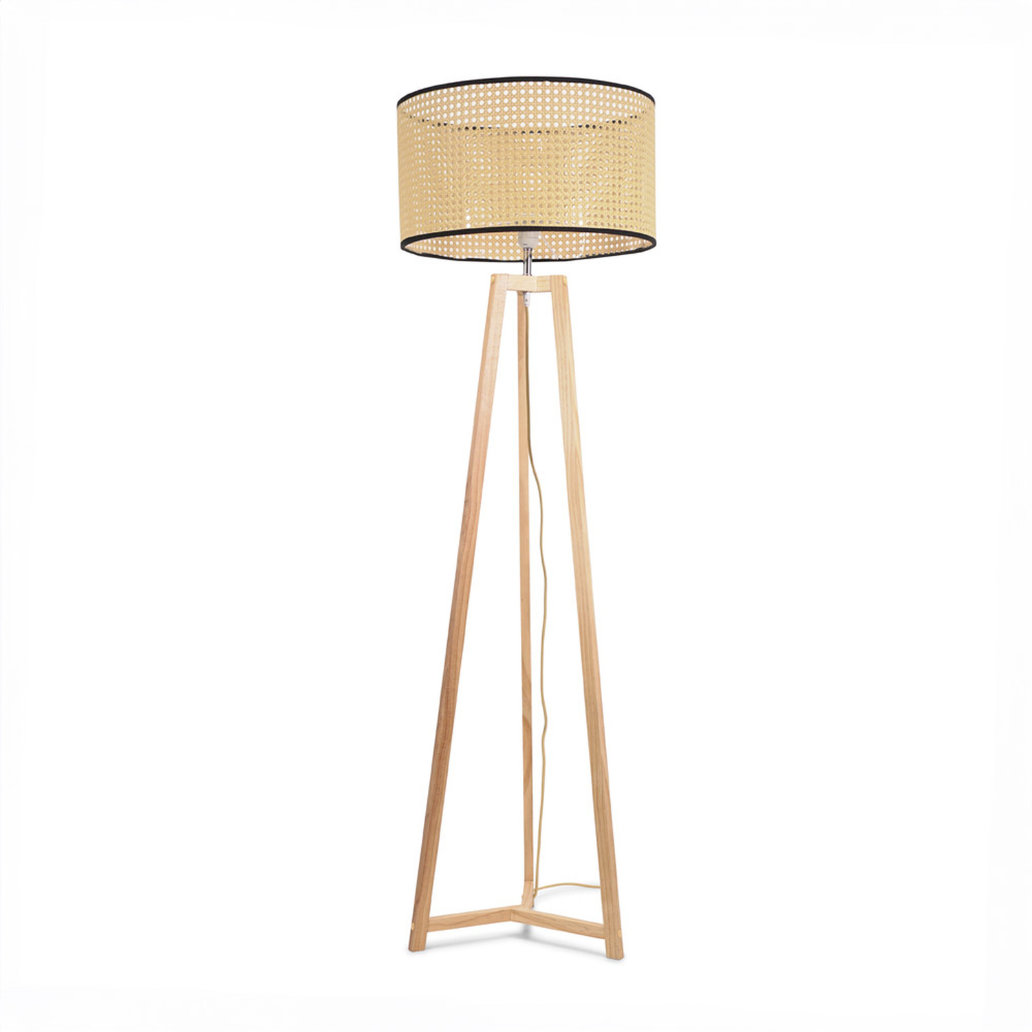 Lottie Natural Wood Tripod Floor Lamp with Woven Rattan Shade and LED Bulb - Yellow