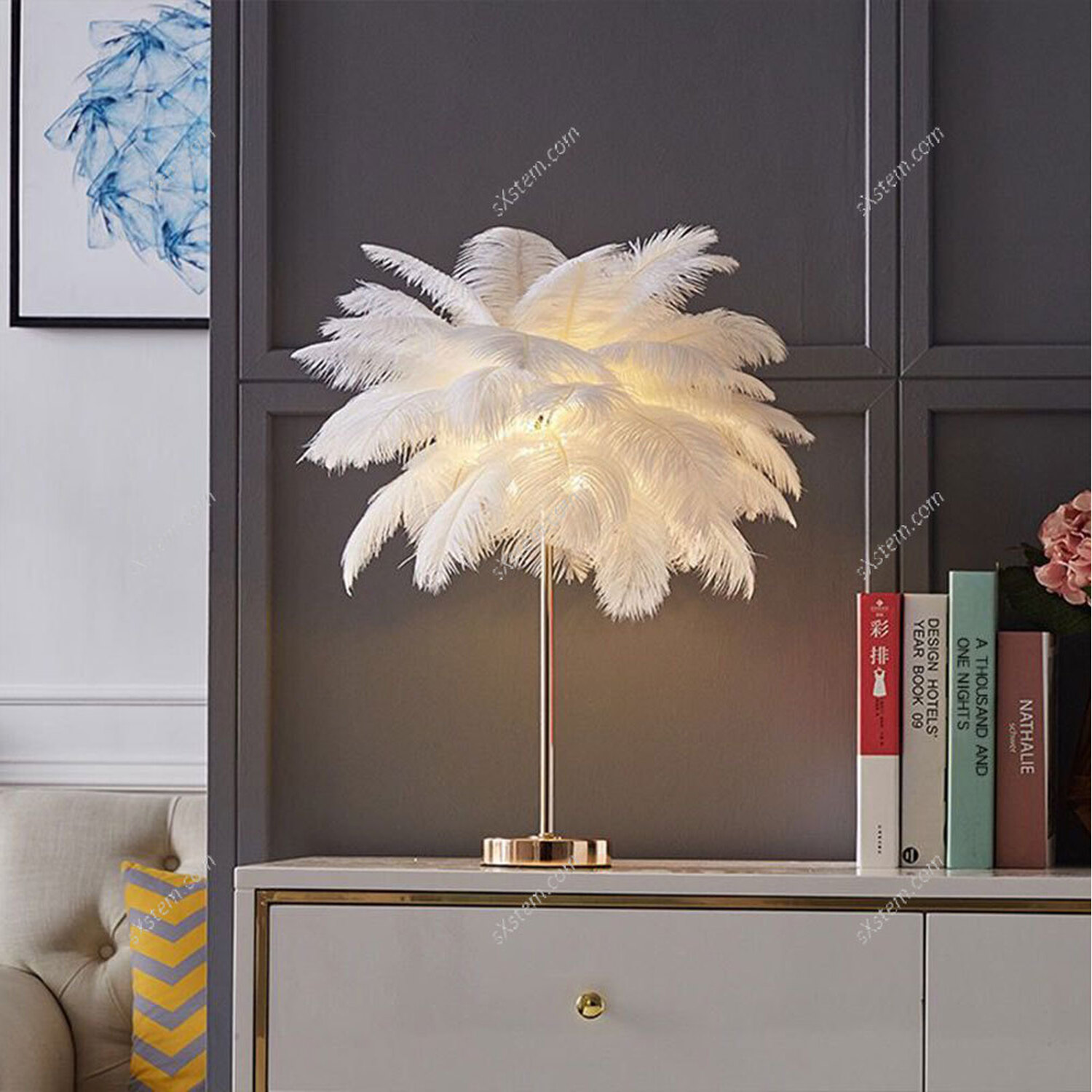 Feather Lampshade Table Lamp For Bedroom - White