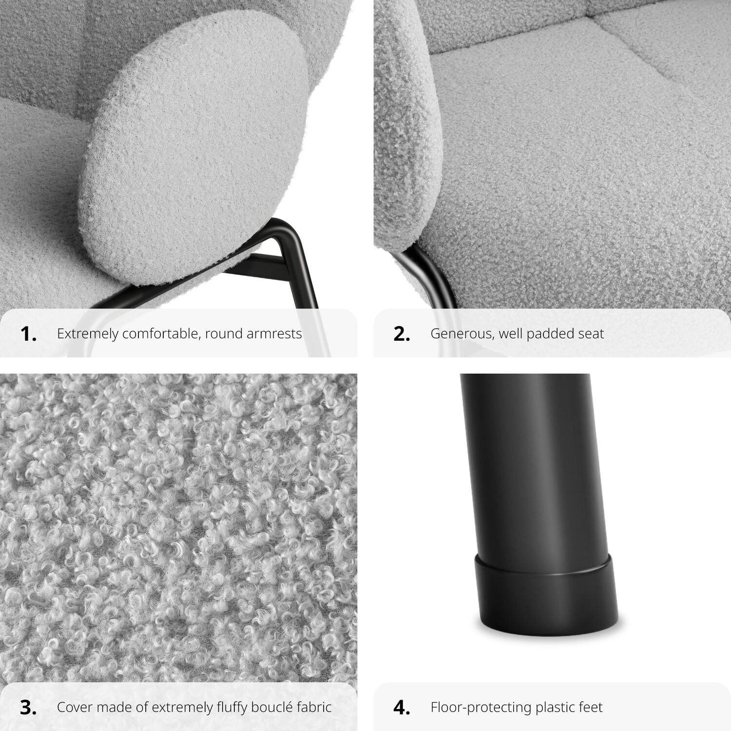 Dining Chair Scandi - Padded Boucle Cover High Backrest - Light Grey 90cm 4