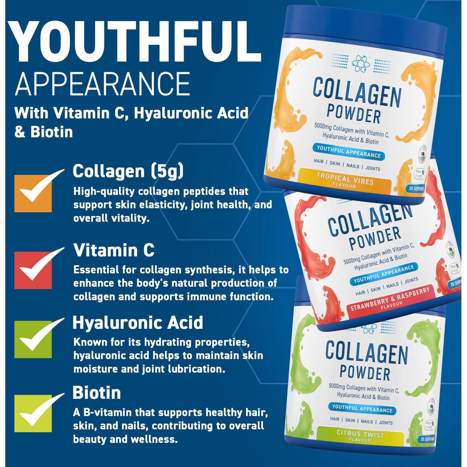 Flavoured Collagen Peptides Powder with Vitamin C Hyaluronic Acid Biotin