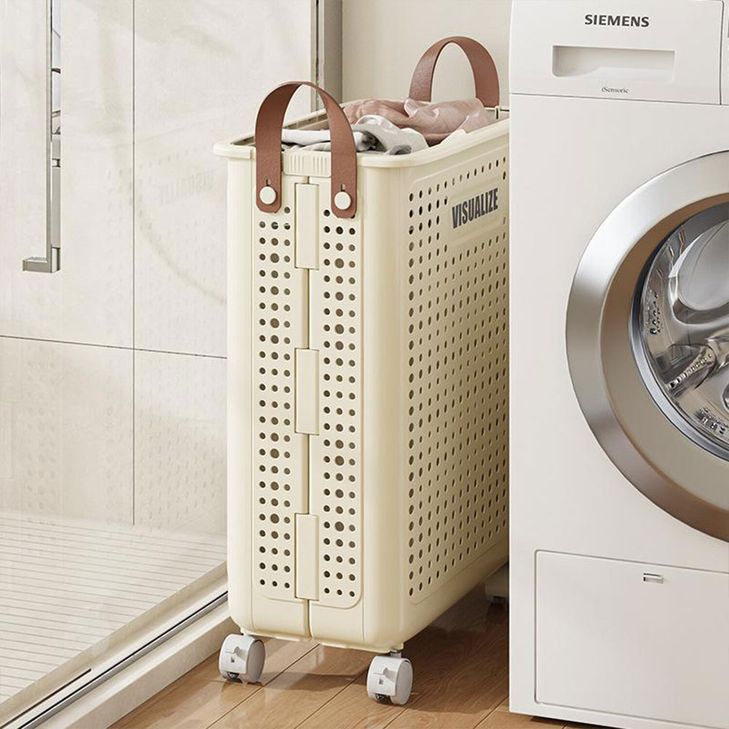 Livingandhome Foldable Laundry Basket With Wheels - Beige / 50Cm / 22Cm