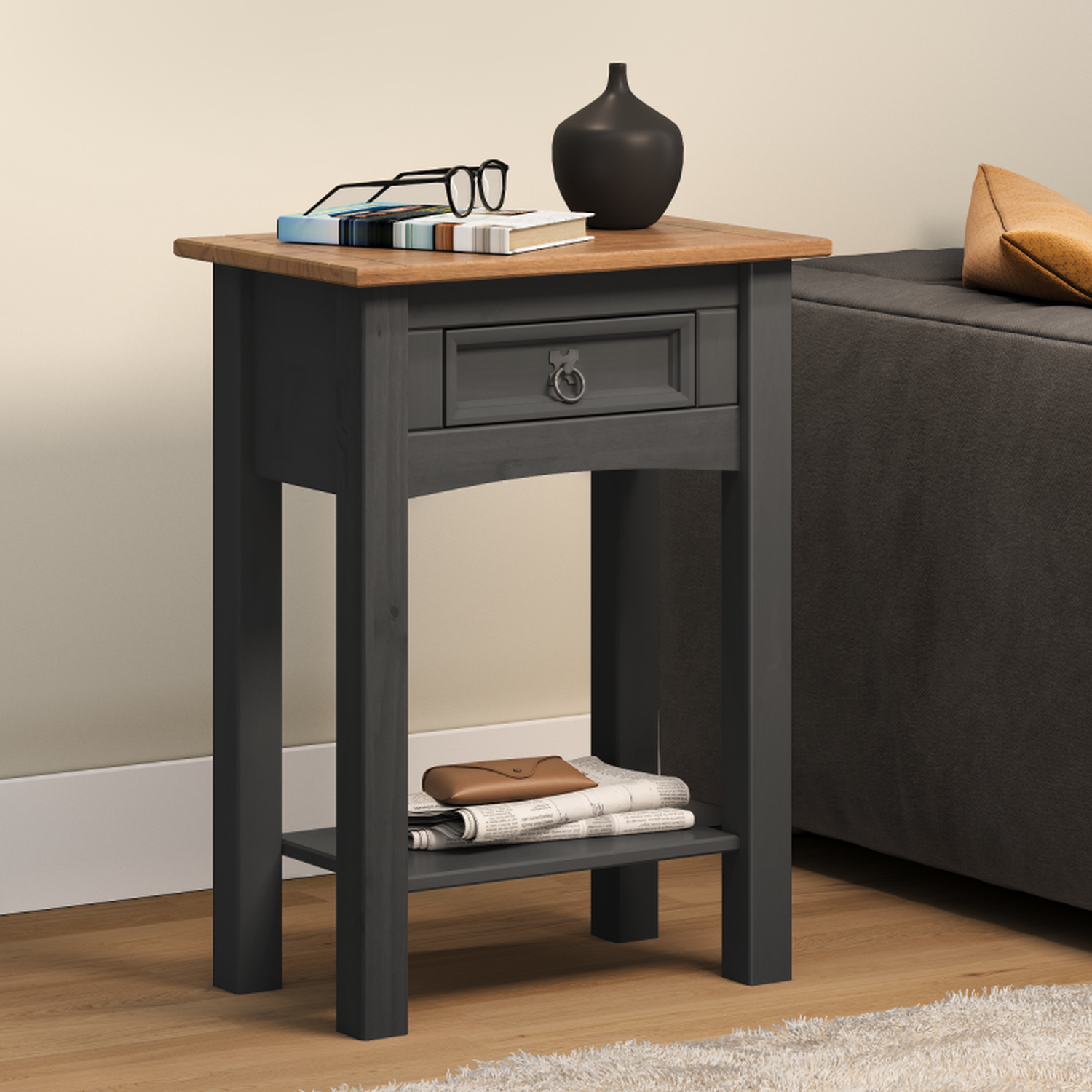 Corona 1 Drawer Console Table With Shelf Solid Wood Pine Wooden Hallway - Distressed Charcoal Wax