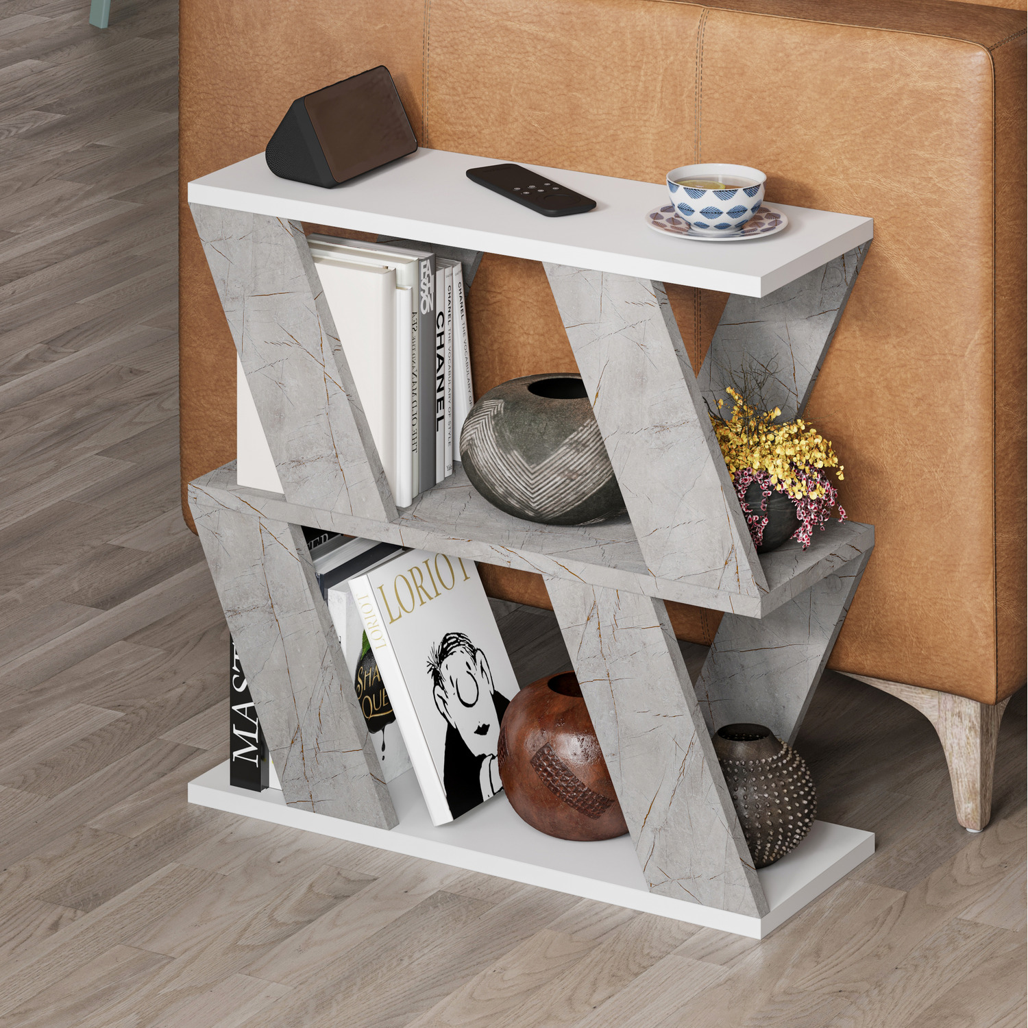 Decortie Modern 3-Tier Zigzag Side Table - Slim End Table - White - Gold Marble Effect
