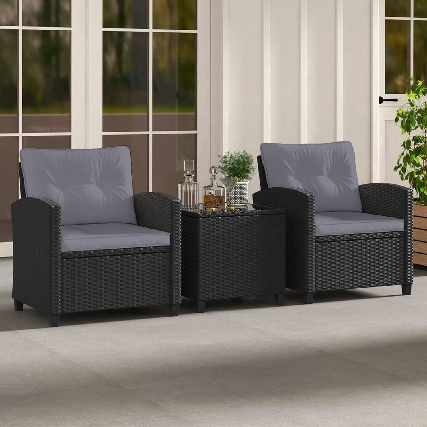 Patio Furniture Bistro Set Rattan With Cushions - Grey