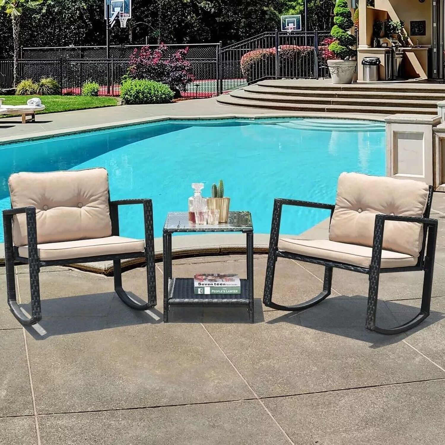 3 Piece Outdoor Rocking Bistro Set Pe Rattan With Cushion - White