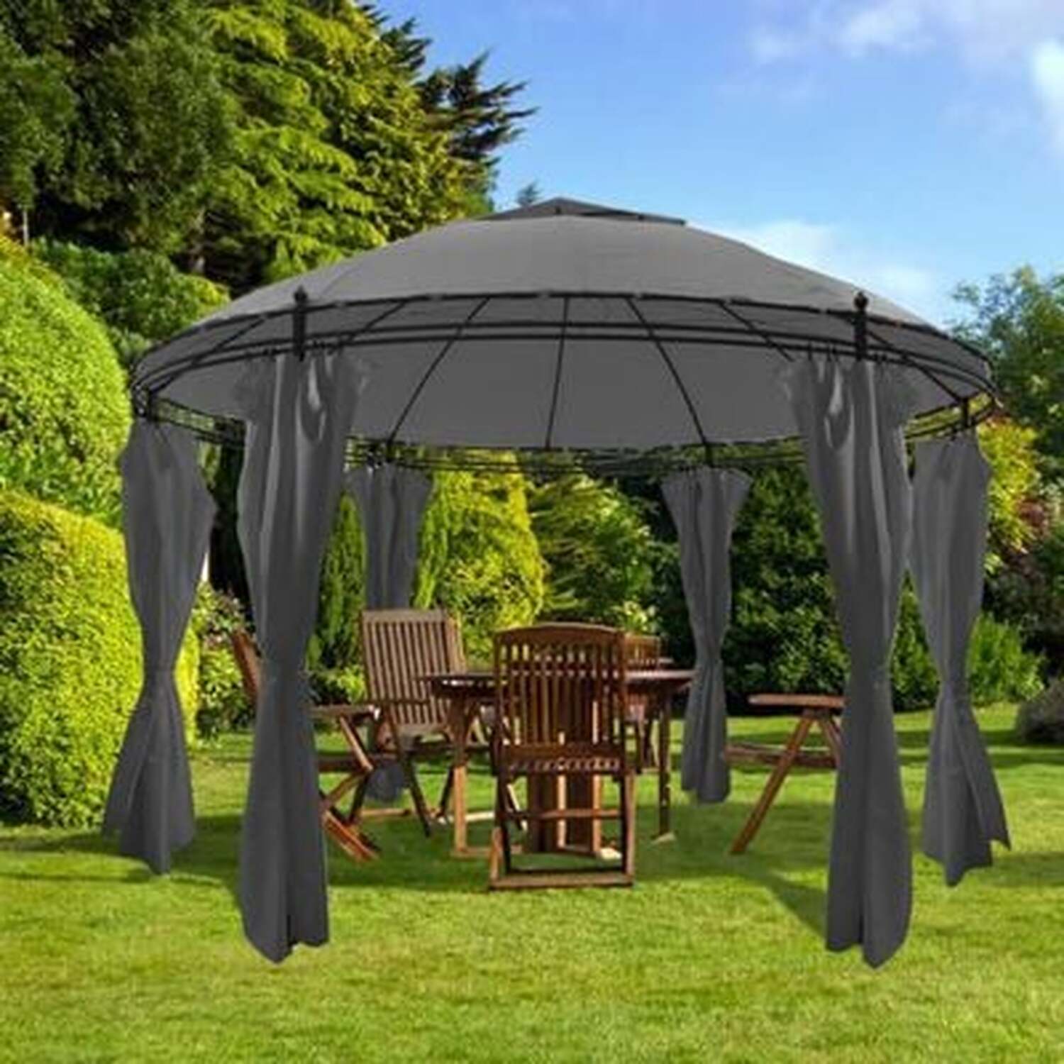 3 5 X 2 7m Round Gazebo Pergola With Curtains - Dark Grey