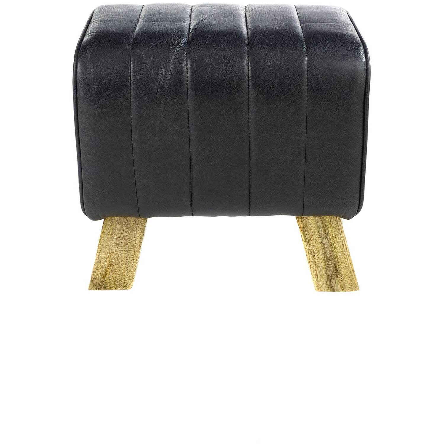 Genuine Black Leather Footstool Pouffe - Black
