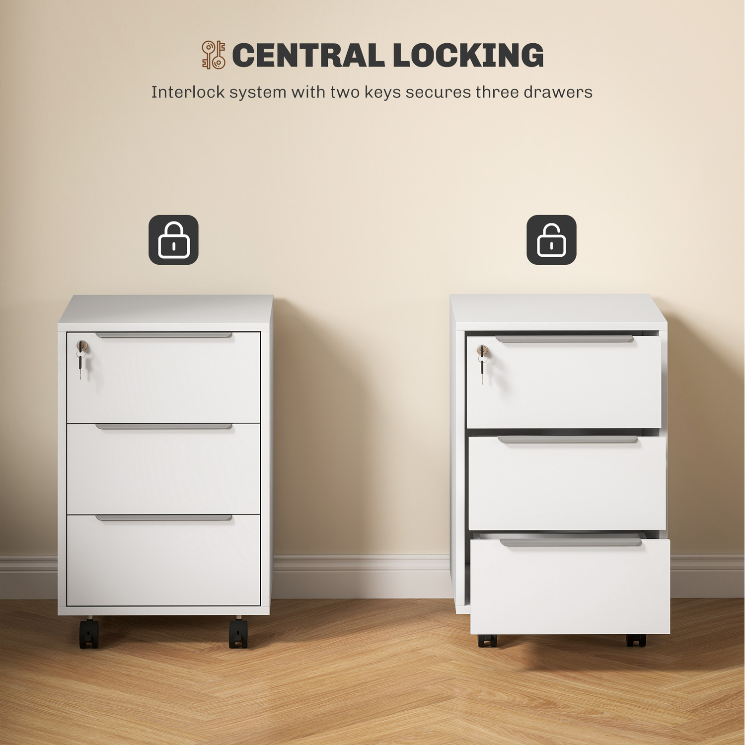 Lockable File Drawer HOMCOM 3 Drawer Locking File Cabinet on Wheels