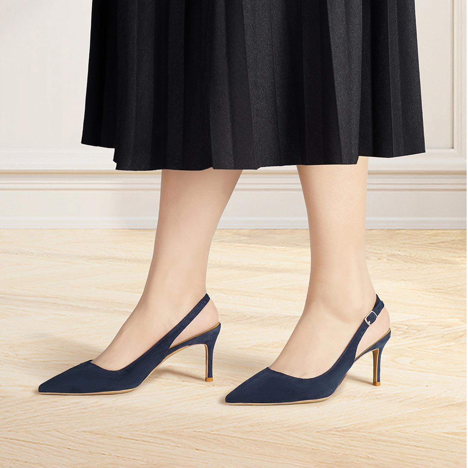 Heels Elegant Pointed Toe Slingback Pumps - Dark Blue / 5