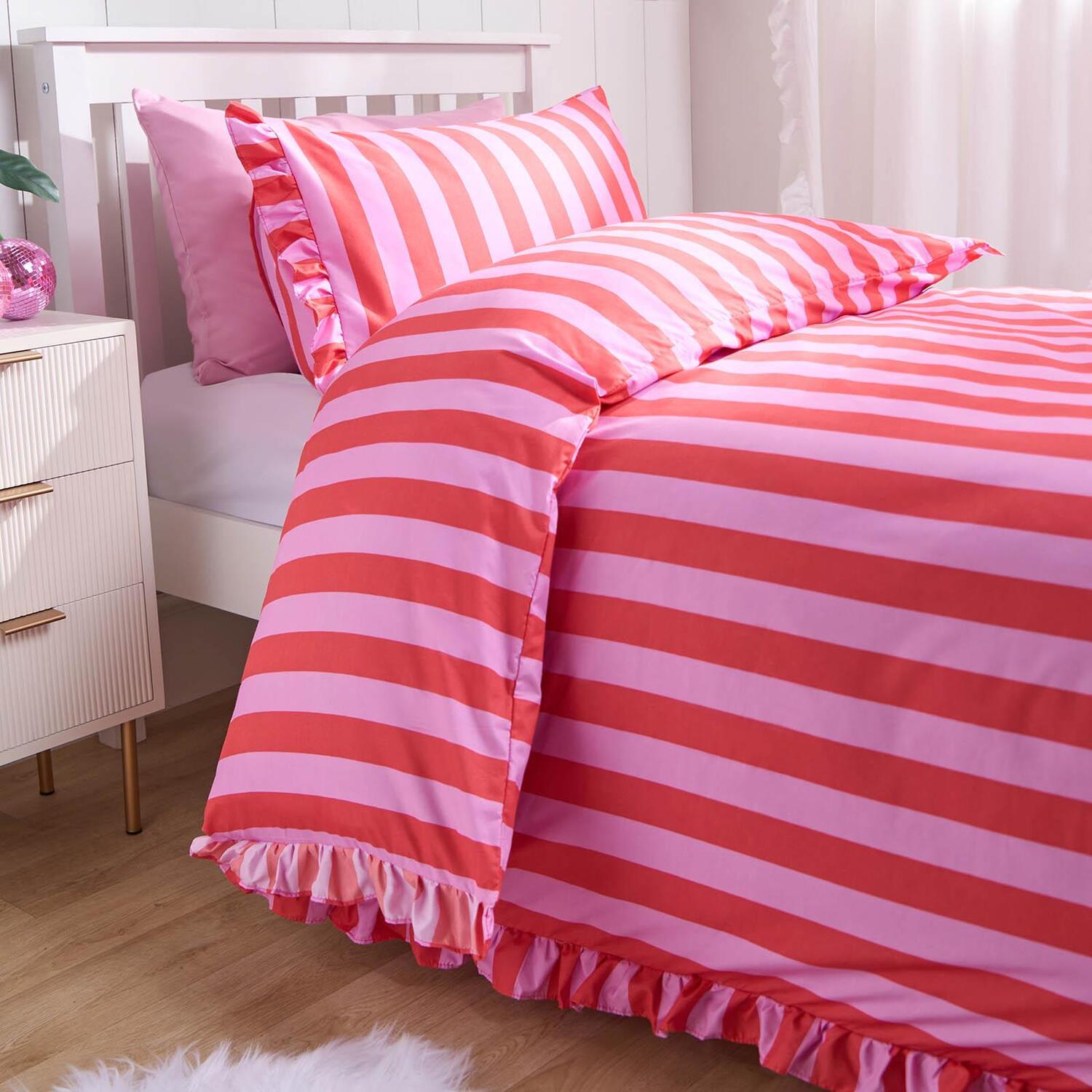 Stripe Frill Duvet Cover Set - Blush Pink Double