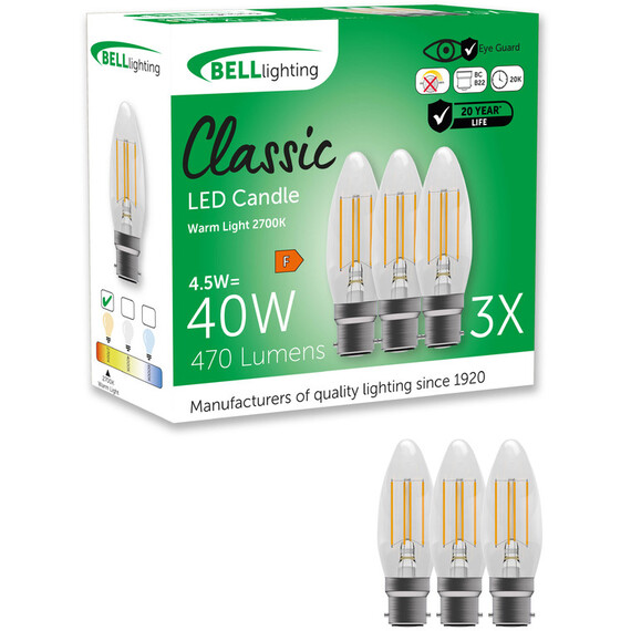 B22 Bayonet LED Filament Candle Light Bulbs 4.5W 2700K Warm White Non Dimmable