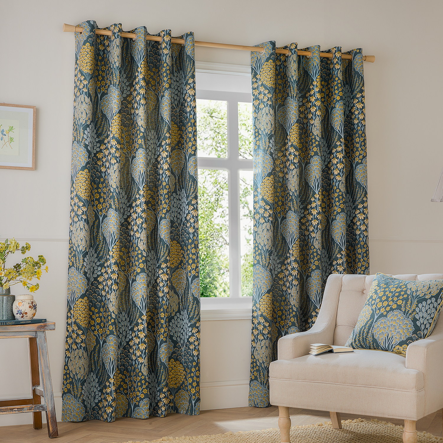 Ophelia Floral Room Darkening Eyelet Curtain Pair - Blue/Saffron / 183cm / 168cm