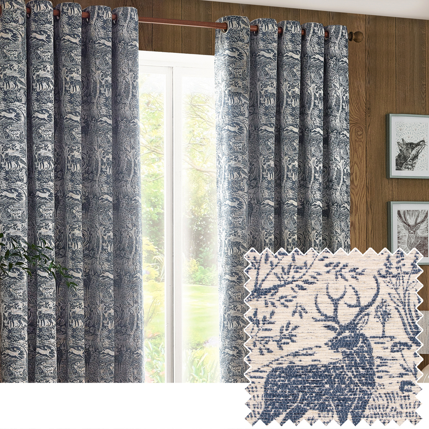 Set of 2 Winter Woods Chenille Eyelet Curtains - Midnight / 229cm / 183cm
