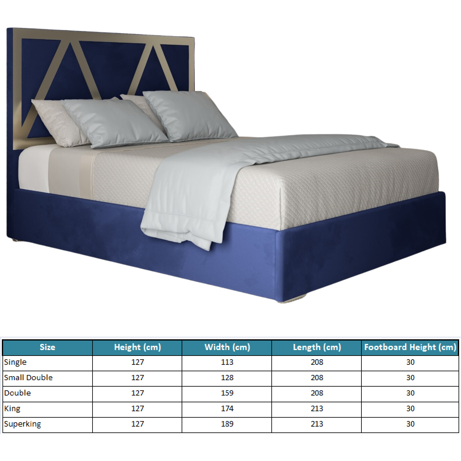 Belgrave Soft Velvet Upholstered Metal Bed Frame - Blue Superking