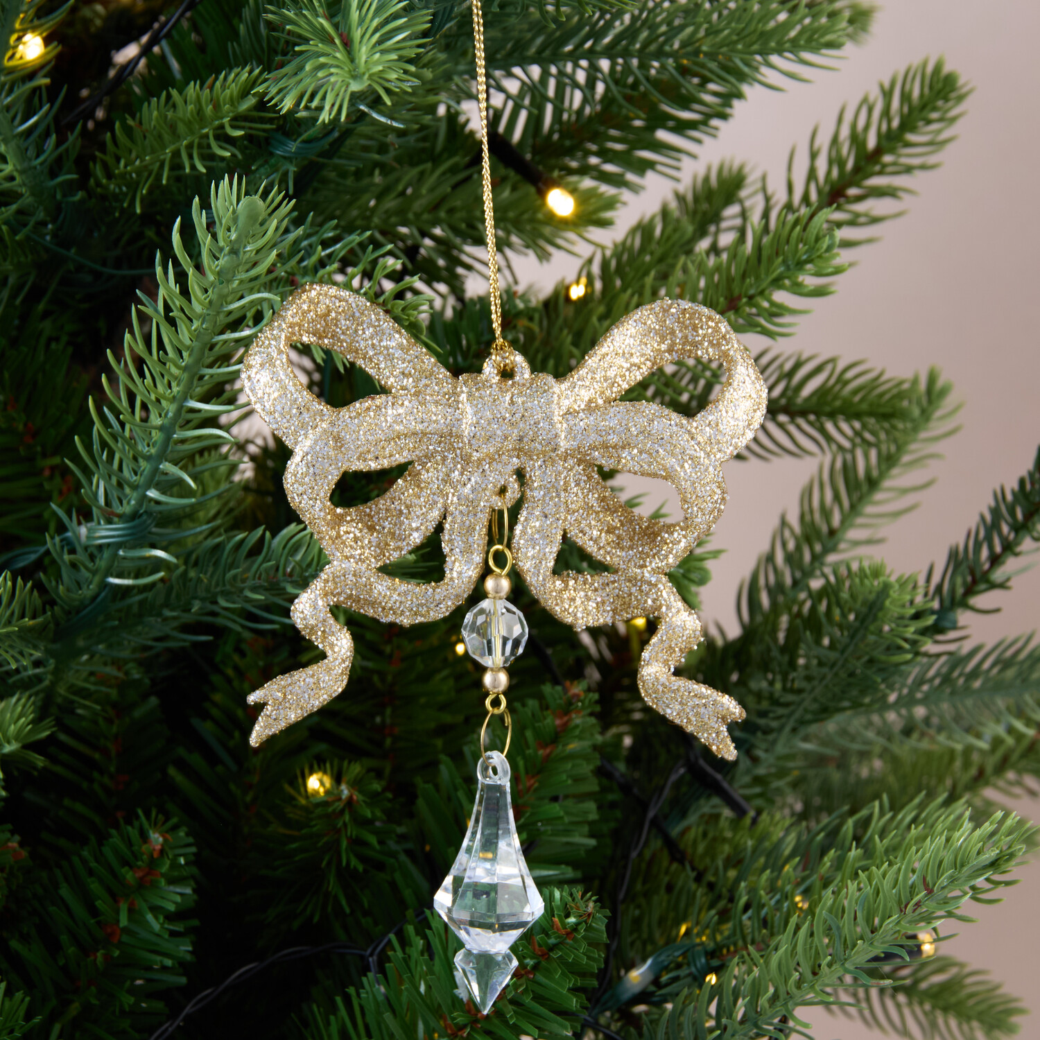 Glitter Bow with Droplet Hanging Decoration - Gold