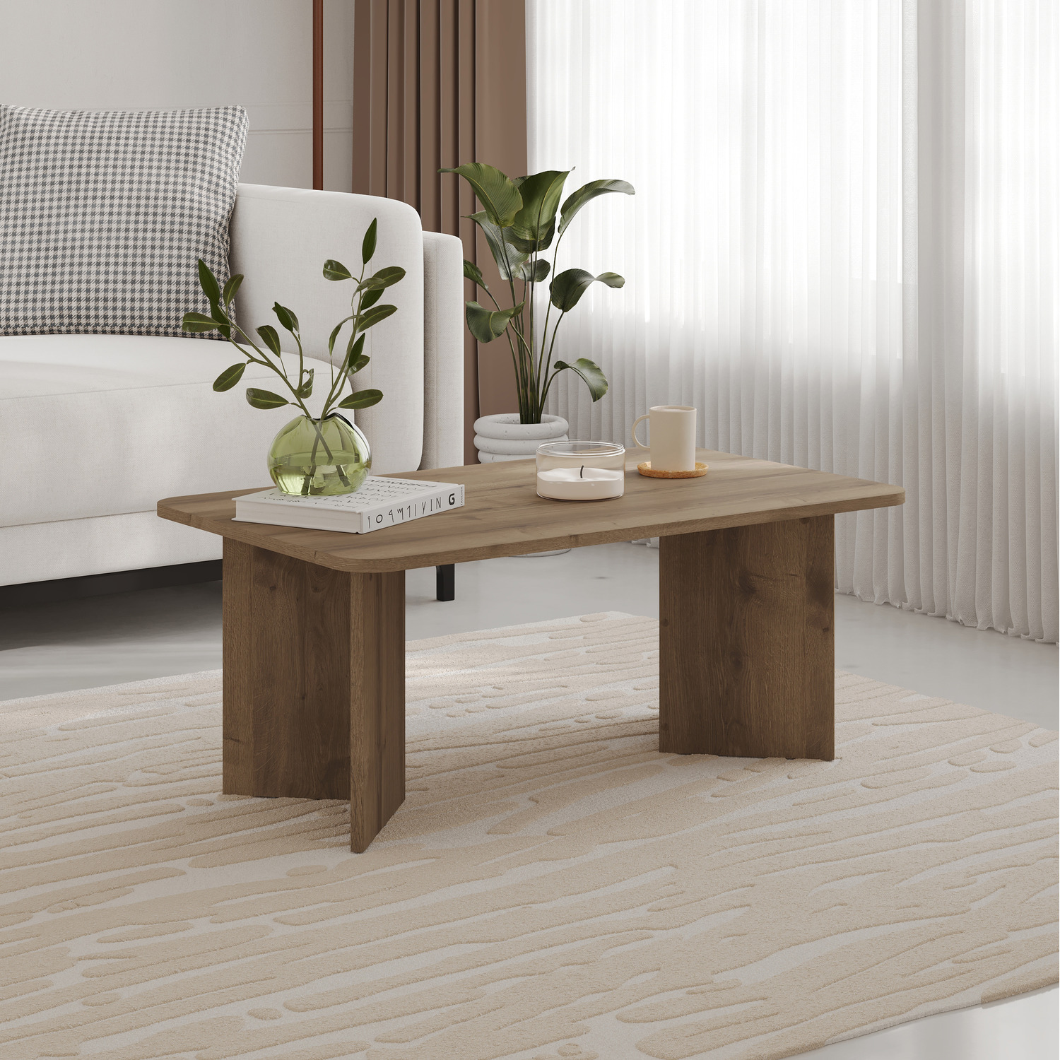 Decortie Modern Radius Coffee Table Rectangular Centre Table - Dark Oak Effect