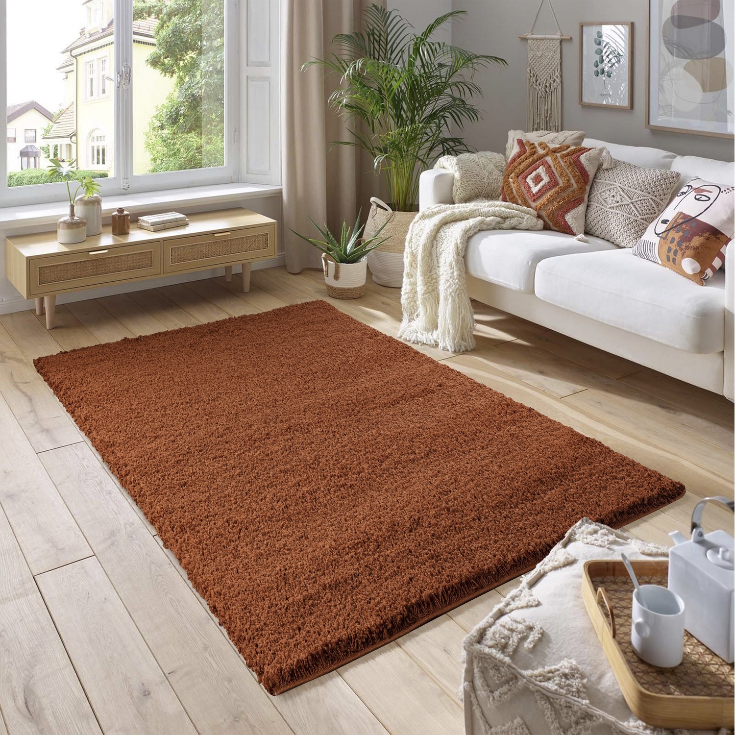 Soft Fluffy Thick Pile Shaggy Area Rug - Terracotta / 110cm
