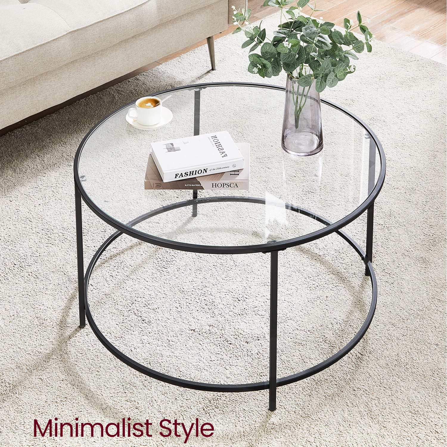Modern Round Glass Coffee Table With Storage - White Iron