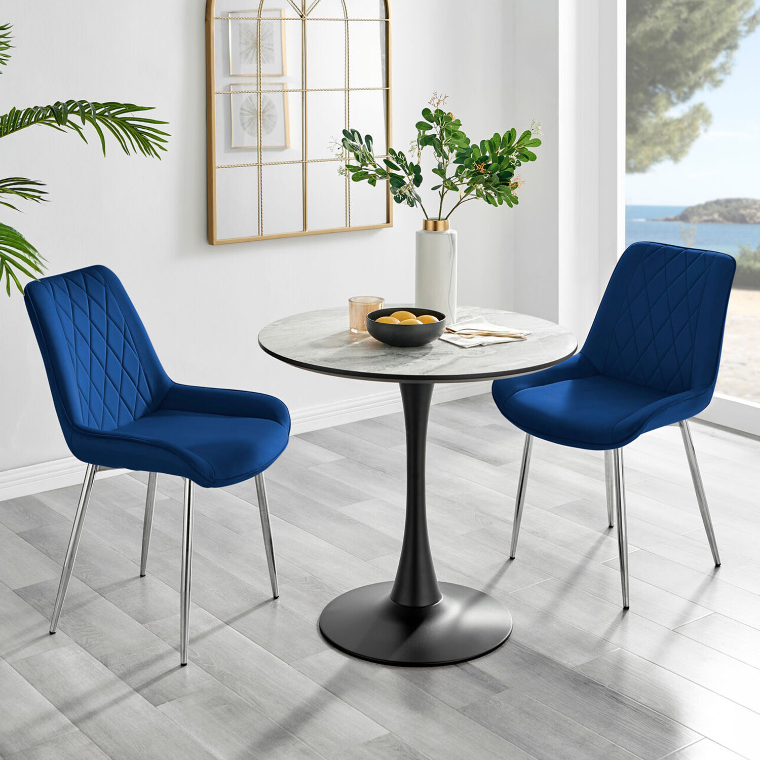 Furnitureboxuk Elina White Marble Effect Round Dining Table And 2 Pesaro Silver Chairs - Navy