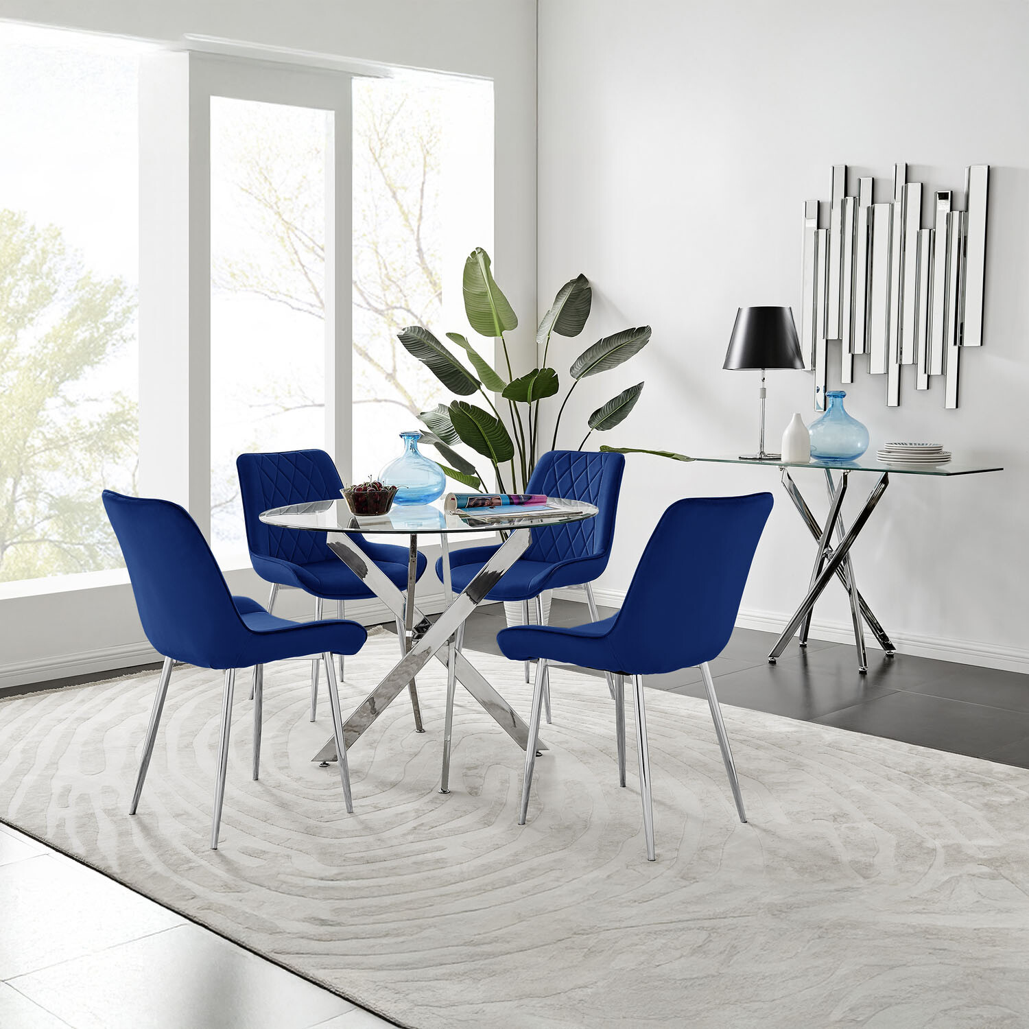 Furnitureboxuk Novara 100Cm Round Dining Table And 4 Pesaro Silver Leg Chairs - Navy
