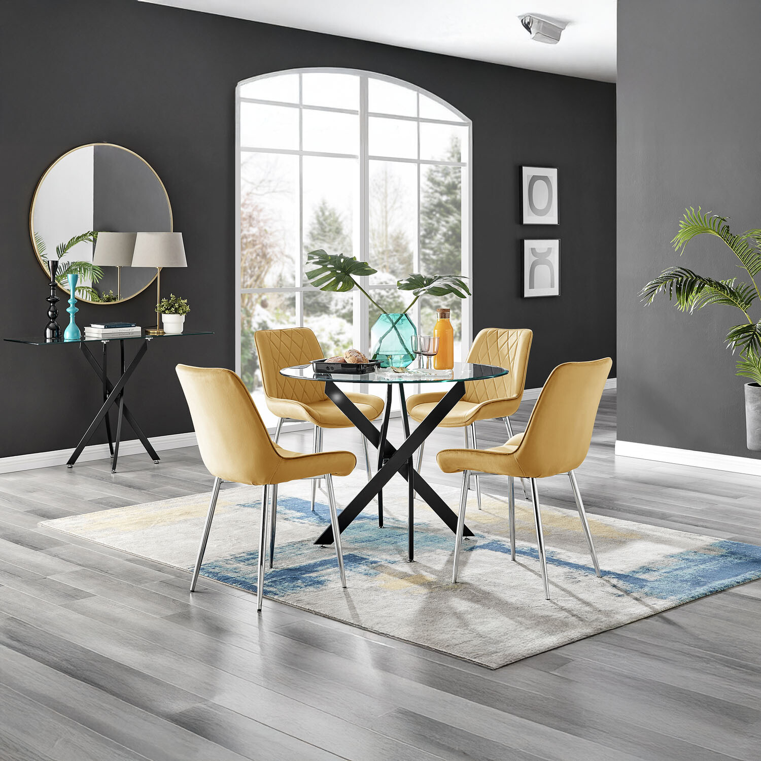 FurnitureboxUK Novara 100cm Round Dining Table and 4 Pesaro Chairs - Mustard