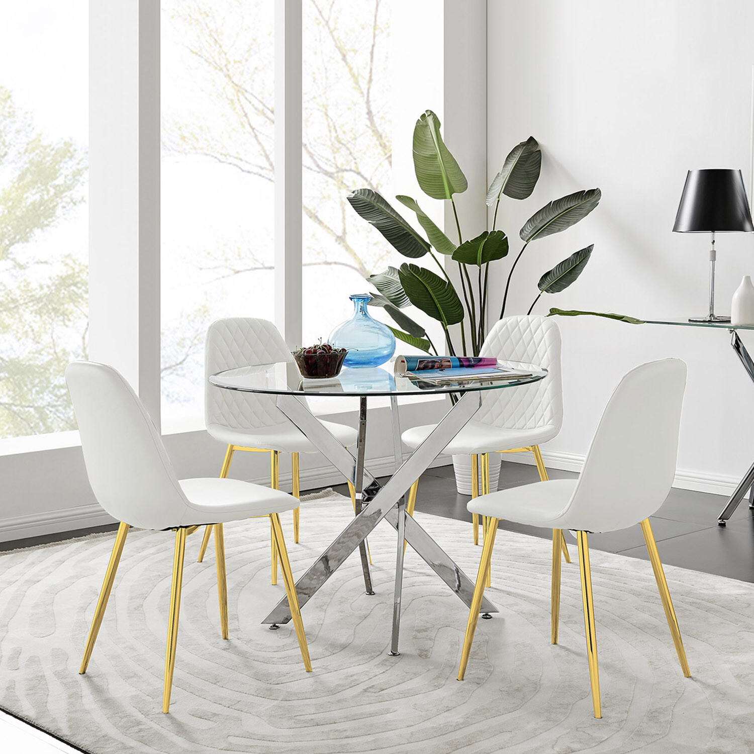 Novara Chrome Metal 100cm Round Glass Dining Table  4 Corona Gold Leg Chairs - White