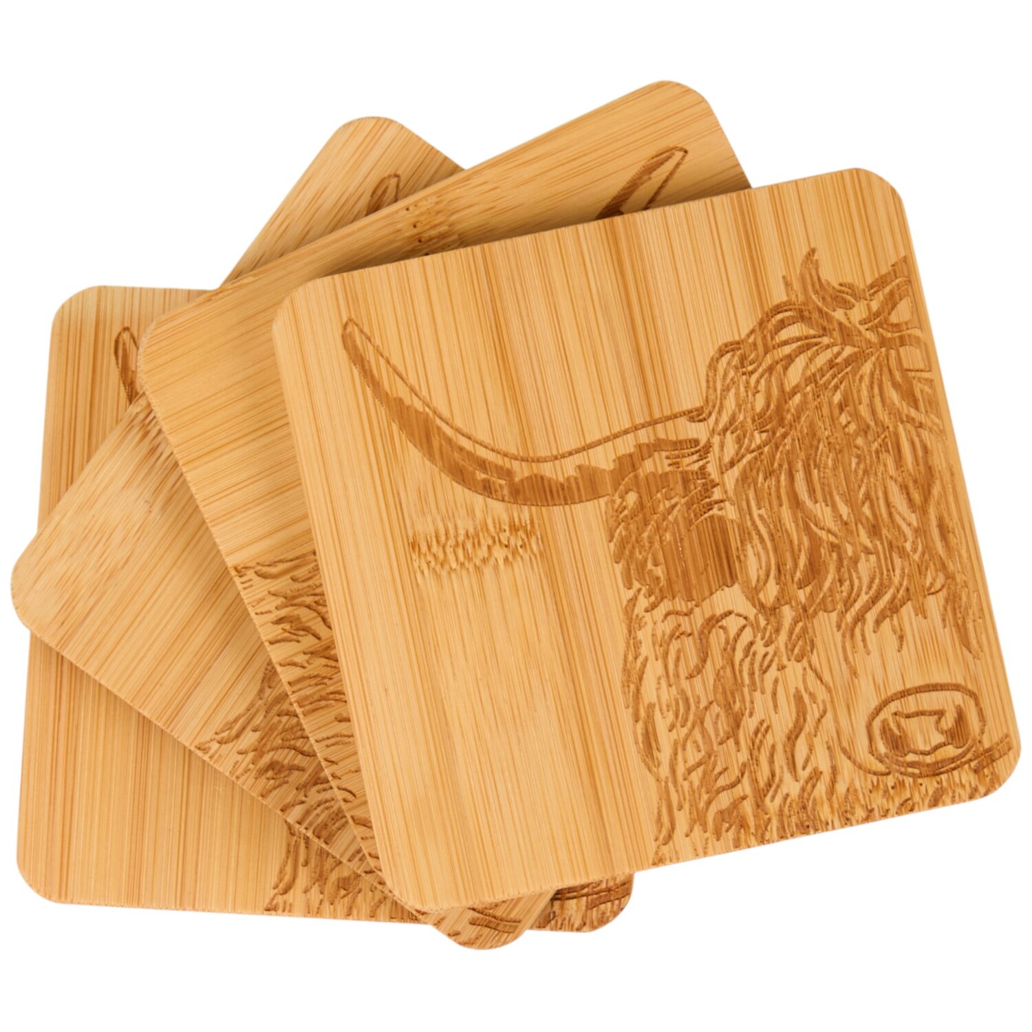 Pack of 4 Highland Cow Bamboo Coasters - Brown
