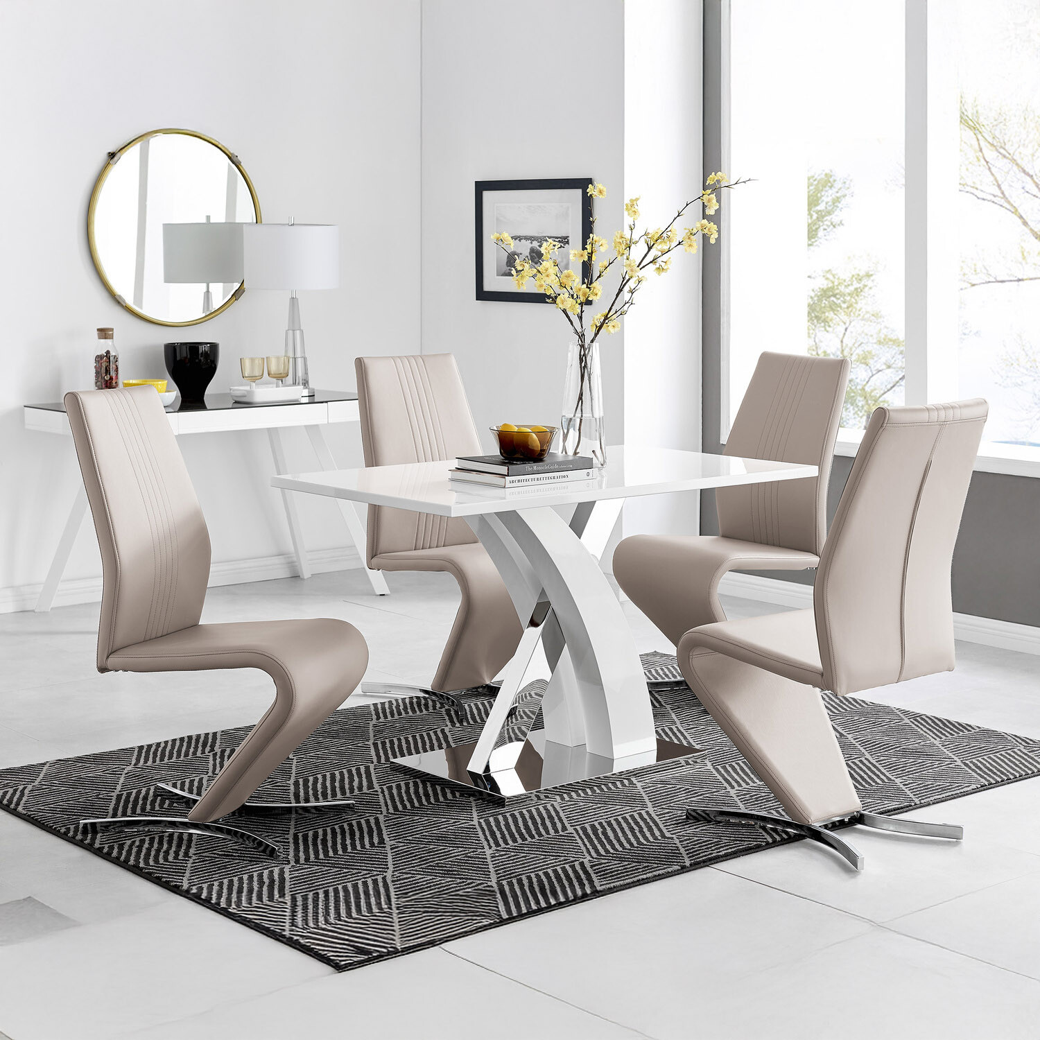 Atlanta White High Gloss Dining Table And 4 Willow Dining Chairs Set - Cappuccino