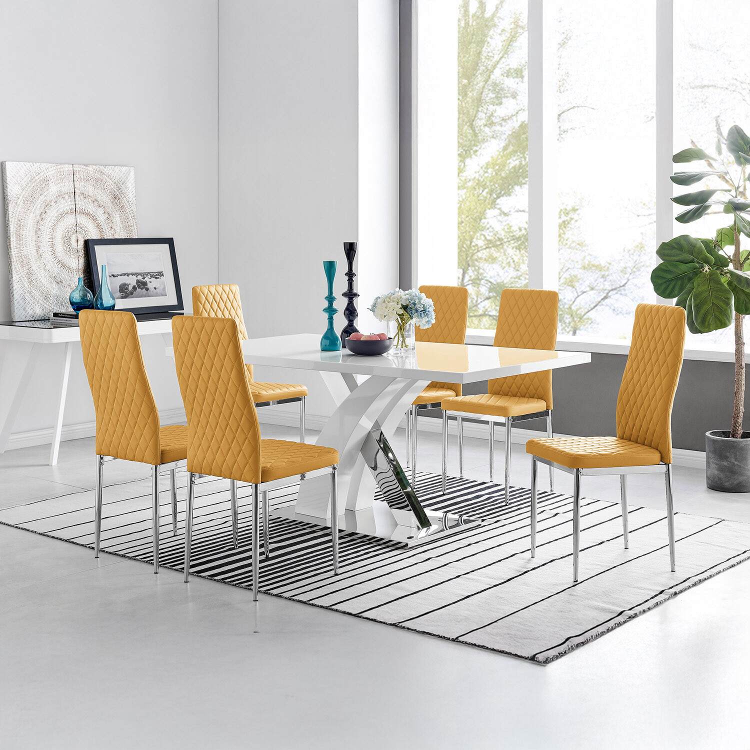 Furnitureboxuk Atlanta Modern High Gloss White Dining Table And 6 Milan Chairs Set - Mustard